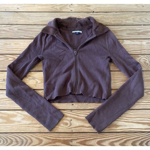 American Eagle Faux Fur Zip Cardigan Size Medium Women’s Brown - Picture 1 of 8